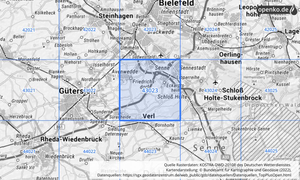 Übersichtskarte KOSTRA-DWD-2010R Rasterfeld Nr. 43023 mit angrenzenden Feldern