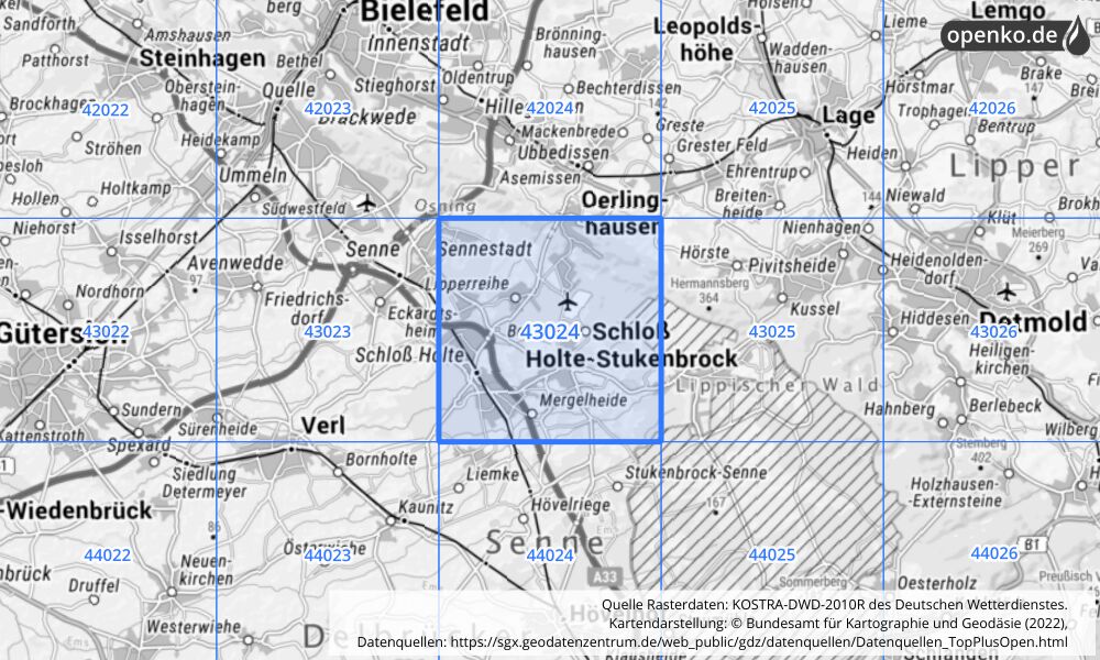 Übersichtskarte KOSTRA-DWD-2010R Rasterfeld Nr. 43024 mit angrenzenden Feldern