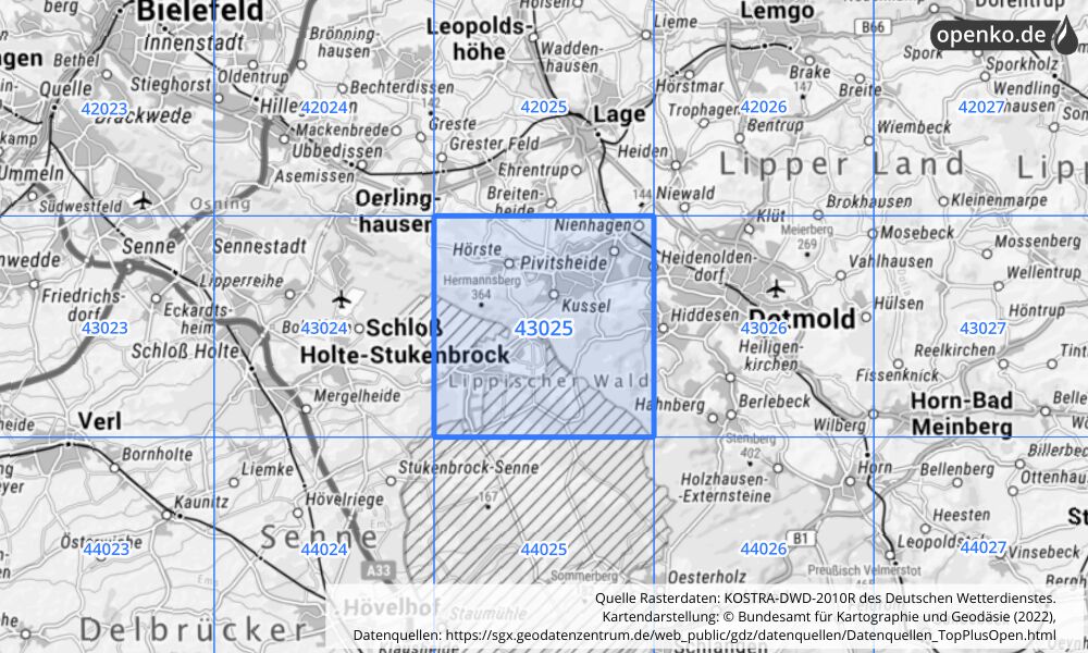 Übersichtskarte KOSTRA-DWD-2010R Rasterfeld Nr. 43025 mit angrenzenden Feldern