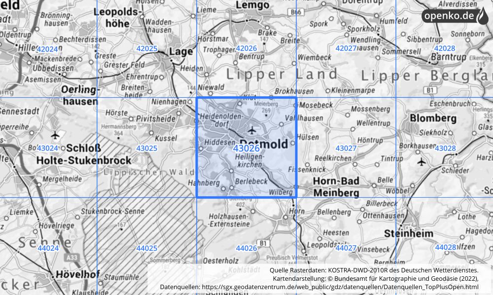 Übersichtskarte KOSTRA-DWD-2010R Rasterfeld Nr. 43026 mit angrenzenden Feldern