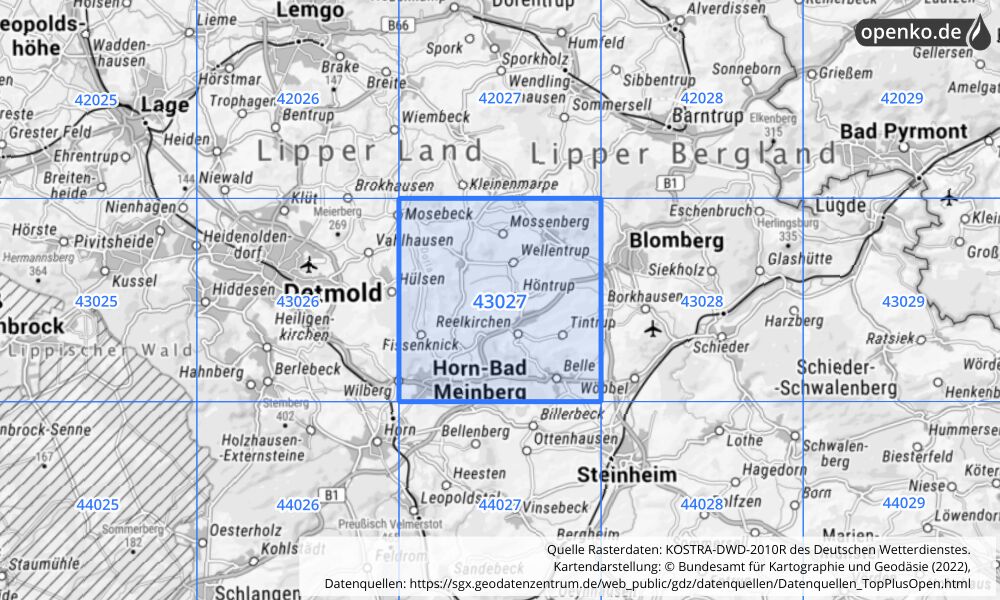 Übersichtskarte KOSTRA-DWD-2010R Rasterfeld Nr. 43027 mit angrenzenden Feldern