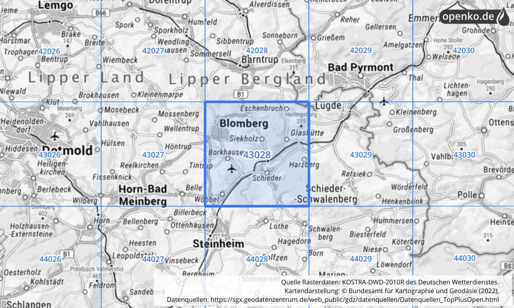 Übersichtskarte KOSTRA-DWD-2010R Rasterfeld Nr. 43028 mit angrenzenden Feldern