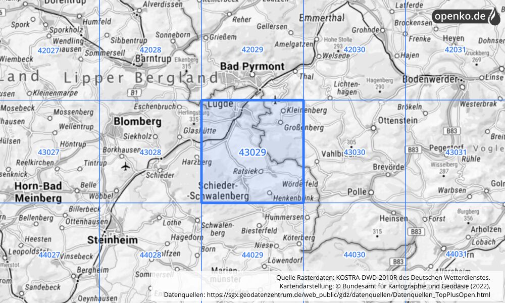 Übersichtskarte KOSTRA-DWD-2010R Rasterfeld Nr. 43029 mit angrenzenden Feldern