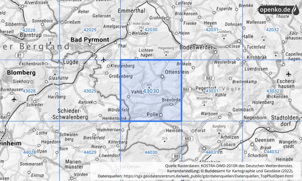 Übersichtskarte KOSTRA-DWD-2010R Rasterfeld Nr. 43030 mit angrenzenden Feldern