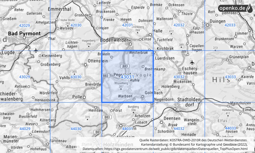 Übersichtskarte KOSTRA-DWD-2010R Rasterfeld Nr. 43031 mit angrenzenden Feldern