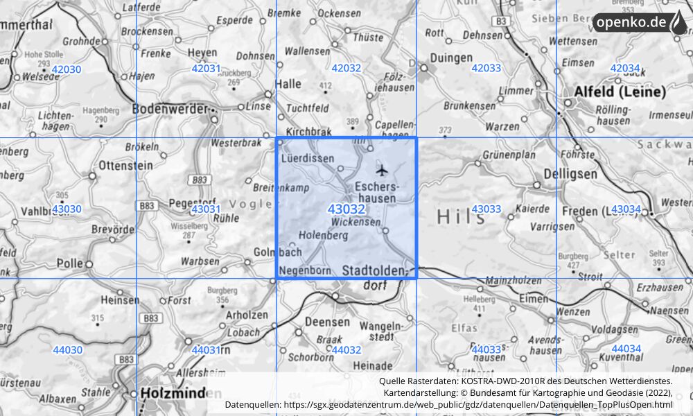 Übersichtskarte KOSTRA-DWD-2010R Rasterfeld Nr. 43032 mit angrenzenden Feldern