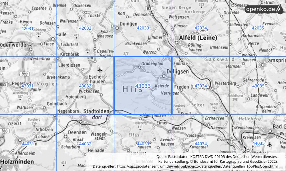 Übersichtskarte KOSTRA-DWD-2010R Rasterfeld Nr. 43033 mit angrenzenden Feldern