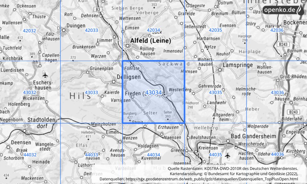 Übersichtskarte KOSTRA-DWD-2010R Rasterfeld Nr. 43034 mit angrenzenden Feldern