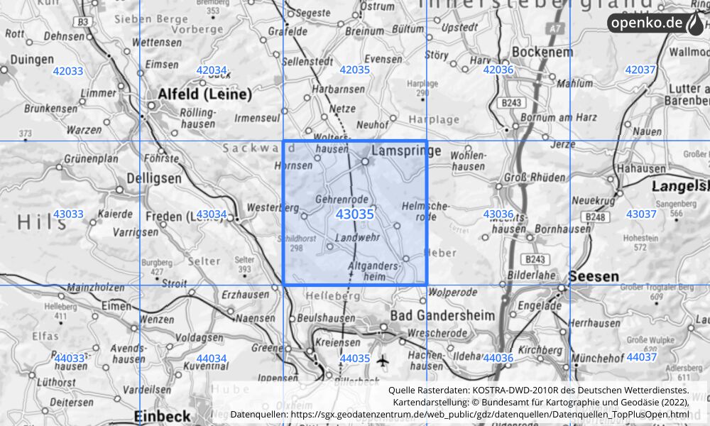 Übersichtskarte KOSTRA-DWD-2010R Rasterfeld Nr. 43035 mit angrenzenden Feldern