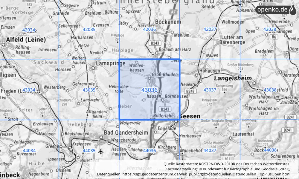 Übersichtskarte KOSTRA-DWD-2010R Rasterfeld Nr. 43036 mit angrenzenden Feldern