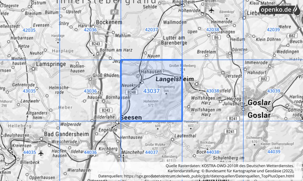 Übersichtskarte KOSTRA-DWD-2010R Rasterfeld Nr. 43037 mit angrenzenden Feldern