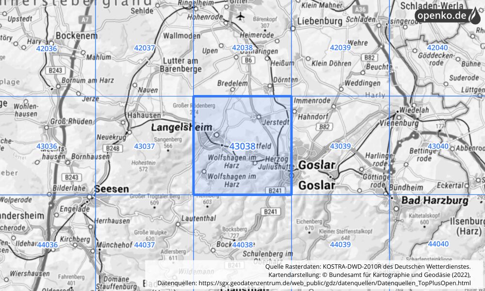 Übersichtskarte KOSTRA-DWD-2010R Rasterfeld Nr. 43038 mit angrenzenden Feldern