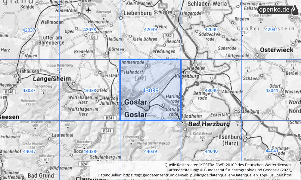 Übersichtskarte KOSTRA-DWD-2010R Rasterfeld Nr. 43039 mit angrenzenden Feldern