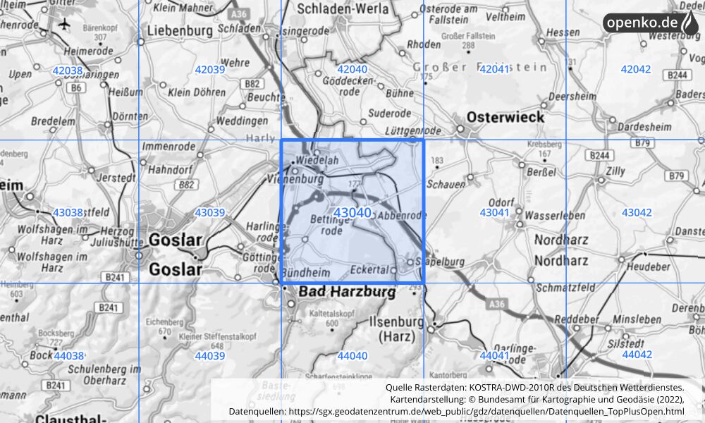 Übersichtskarte KOSTRA-DWD-2010R Rasterfeld Nr. 43040 mit angrenzenden Feldern