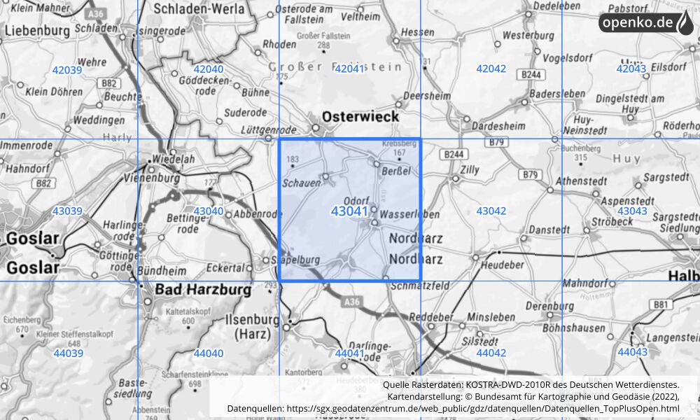 Übersichtskarte KOSTRA-DWD-2010R Rasterfeld Nr. 43041 mit angrenzenden Feldern