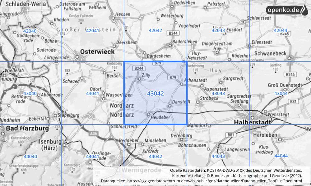 Übersichtskarte KOSTRA-DWD-2010R Rasterfeld Nr. 43042 mit angrenzenden Feldern