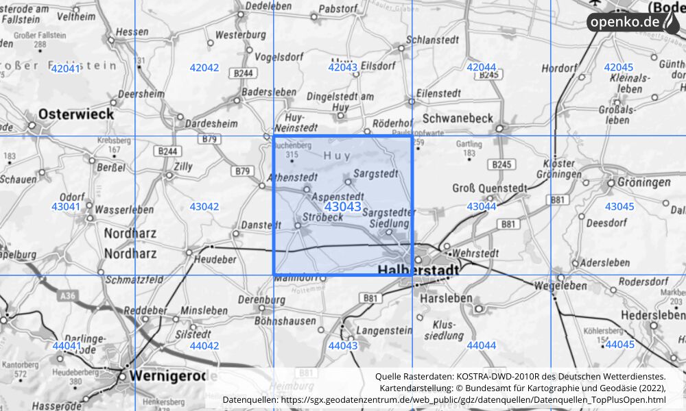 Übersichtskarte KOSTRA-DWD-2010R Rasterfeld Nr. 43043 mit angrenzenden Feldern