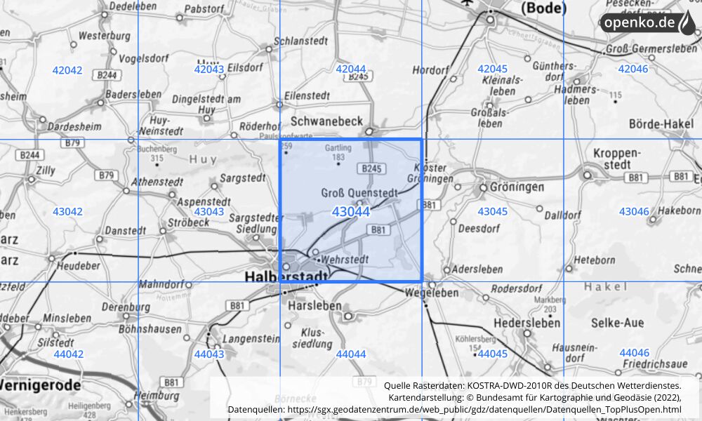 Übersichtskarte KOSTRA-DWD-2010R Rasterfeld Nr. 43044 mit angrenzenden Feldern