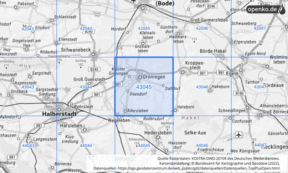 Übersichtskarte KOSTRA-DWD-2010R Rasterfeld Nr. 43045 mit angrenzenden Feldern