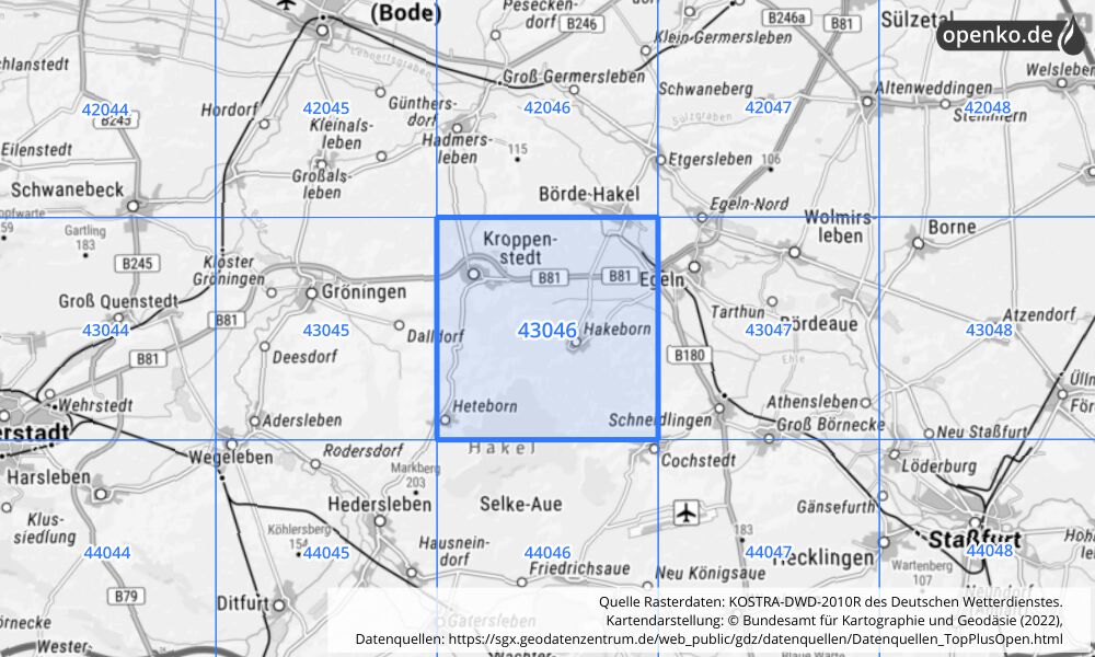 Übersichtskarte KOSTRA-DWD-2010R Rasterfeld Nr. 43046 mit angrenzenden Feldern