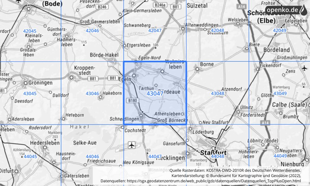 Übersichtskarte KOSTRA-DWD-2010R Rasterfeld Nr. 43047 mit angrenzenden Feldern