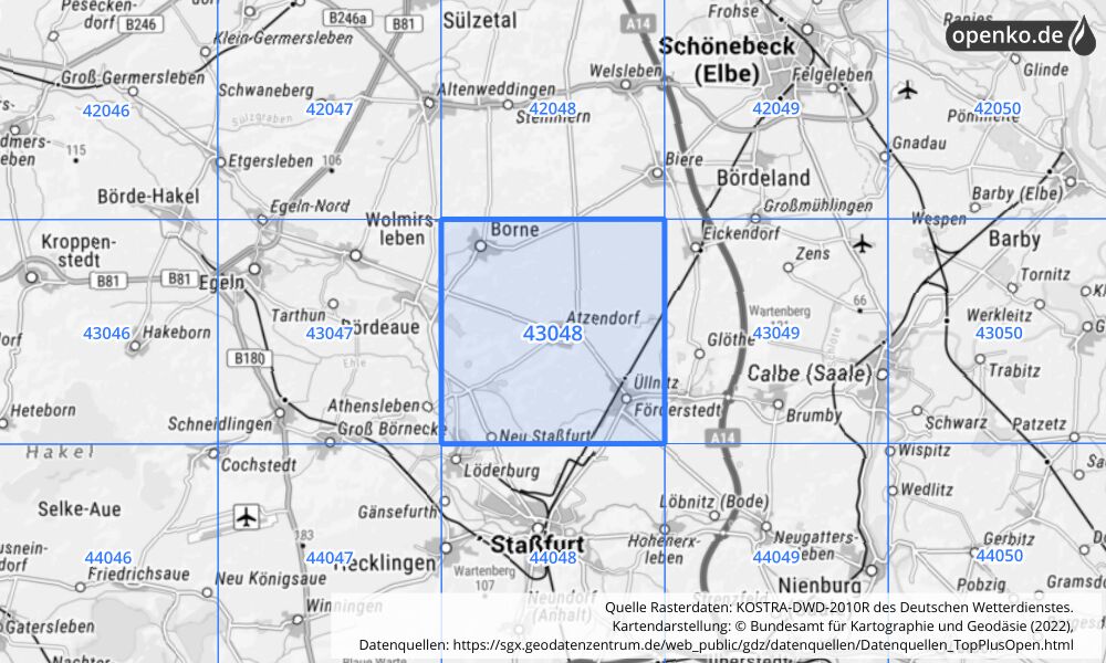 Übersichtskarte KOSTRA-DWD-2010R Rasterfeld Nr. 43048 mit angrenzenden Feldern