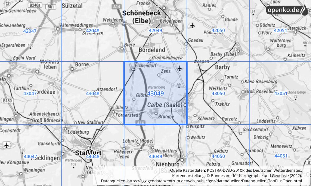 Übersichtskarte KOSTRA-DWD-2010R Rasterfeld Nr. 43049 mit angrenzenden Feldern