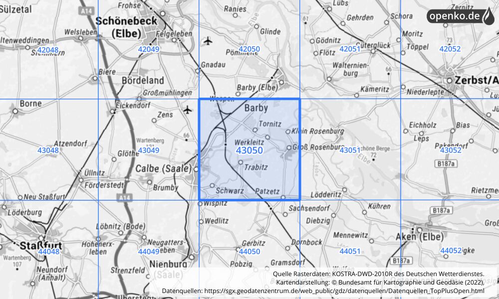 Übersichtskarte KOSTRA-DWD-2010R Rasterfeld Nr. 43050 mit angrenzenden Feldern