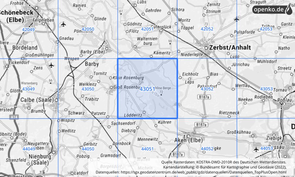 Übersichtskarte KOSTRA-DWD-2010R Rasterfeld Nr. 43051 mit angrenzenden Feldern