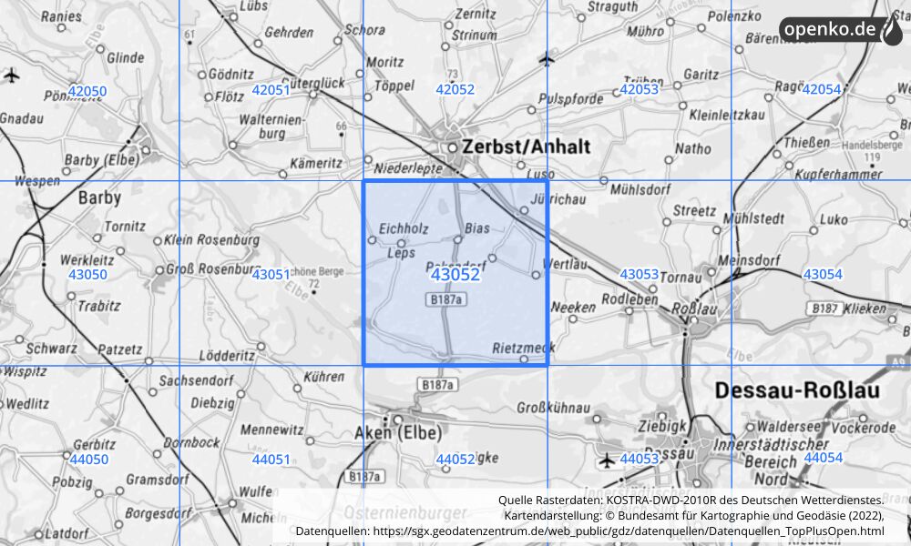 Übersichtskarte KOSTRA-DWD-2010R Rasterfeld Nr. 43052 mit angrenzenden Feldern