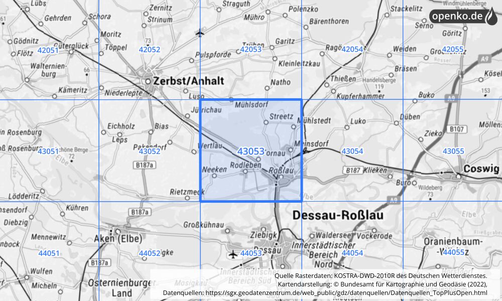 Übersichtskarte KOSTRA-DWD-2010R Rasterfeld Nr. 43053 mit angrenzenden Feldern