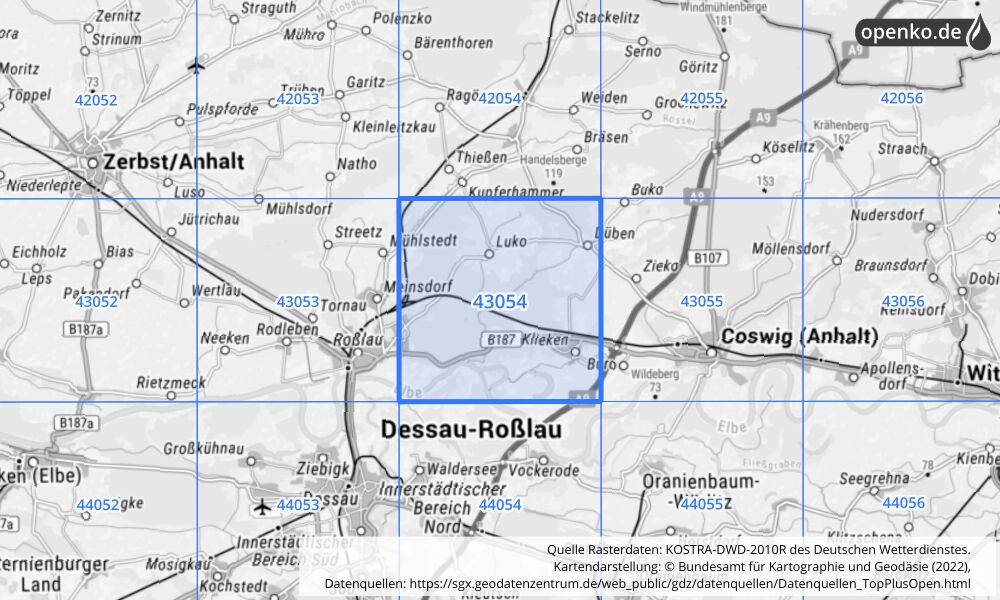 Übersichtskarte KOSTRA-DWD-2010R Rasterfeld Nr. 43054 mit angrenzenden Feldern