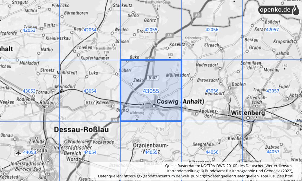 Übersichtskarte KOSTRA-DWD-2010R Rasterfeld Nr. 43055 mit angrenzenden Feldern