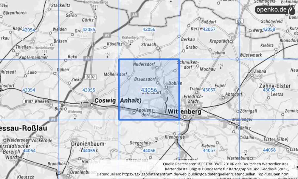 Übersichtskarte KOSTRA-DWD-2010R Rasterfeld Nr. 43056 mit angrenzenden Feldern