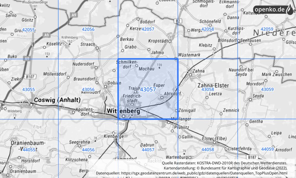 Übersichtskarte KOSTRA-DWD-2010R Rasterfeld Nr. 43057 mit angrenzenden Feldern