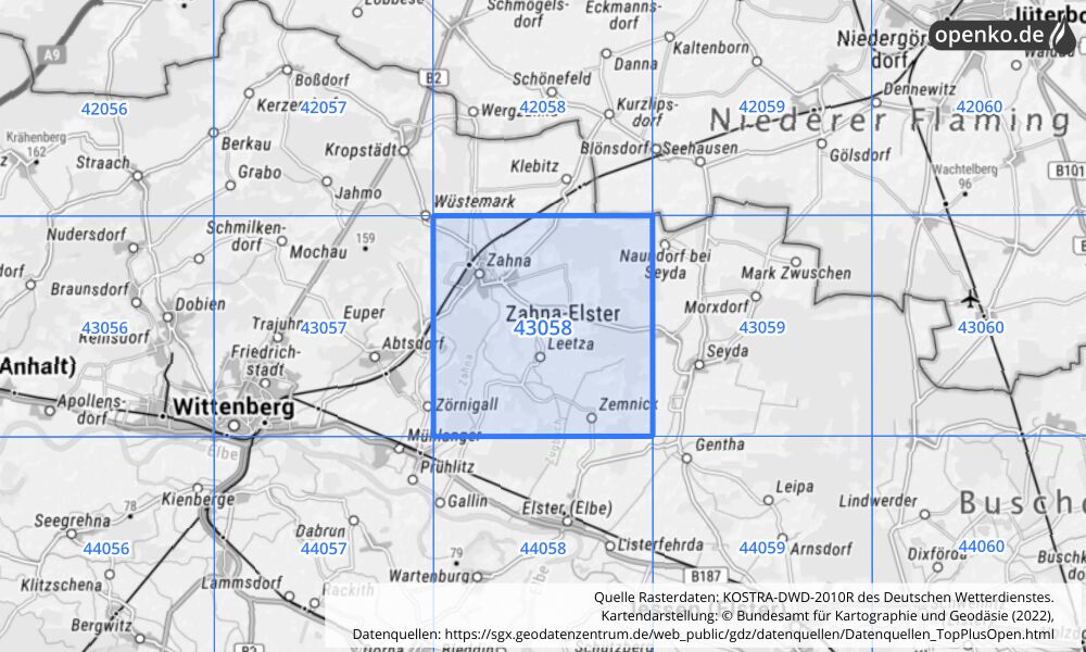 Übersichtskarte KOSTRA-DWD-2010R Rasterfeld Nr. 43058 mit angrenzenden Feldern