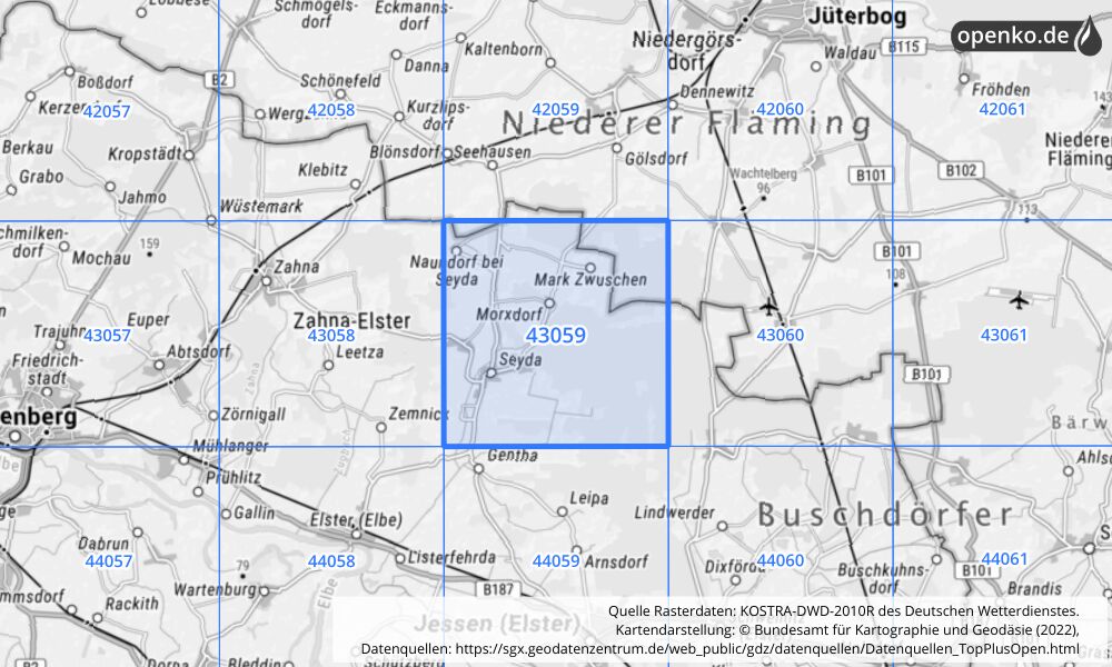 Übersichtskarte KOSTRA-DWD-2010R Rasterfeld Nr. 43059 mit angrenzenden Feldern