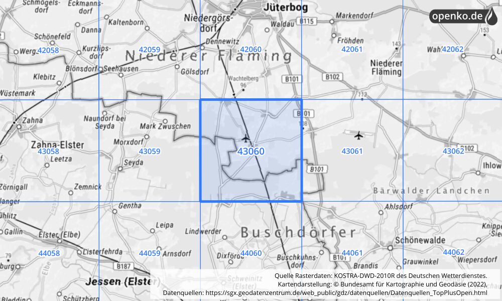 Übersichtskarte KOSTRA-DWD-2010R Rasterfeld Nr. 43060 mit angrenzenden Feldern