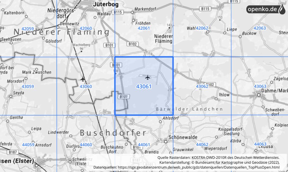 Übersichtskarte KOSTRA-DWD-2010R Rasterfeld Nr. 43061 mit angrenzenden Feldern