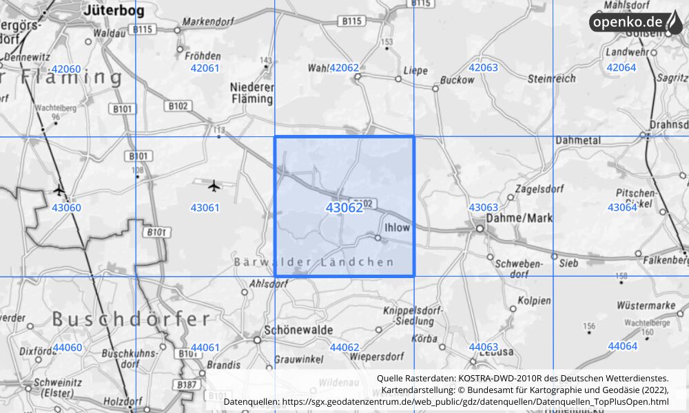 Übersichtskarte KOSTRA-DWD-2010R Rasterfeld Nr. 43062 mit angrenzenden Feldern