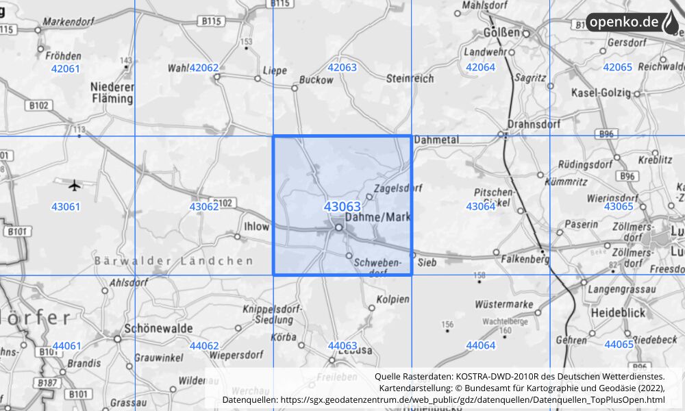 Übersichtskarte KOSTRA-DWD-2010R Rasterfeld Nr. 43063 mit angrenzenden Feldern