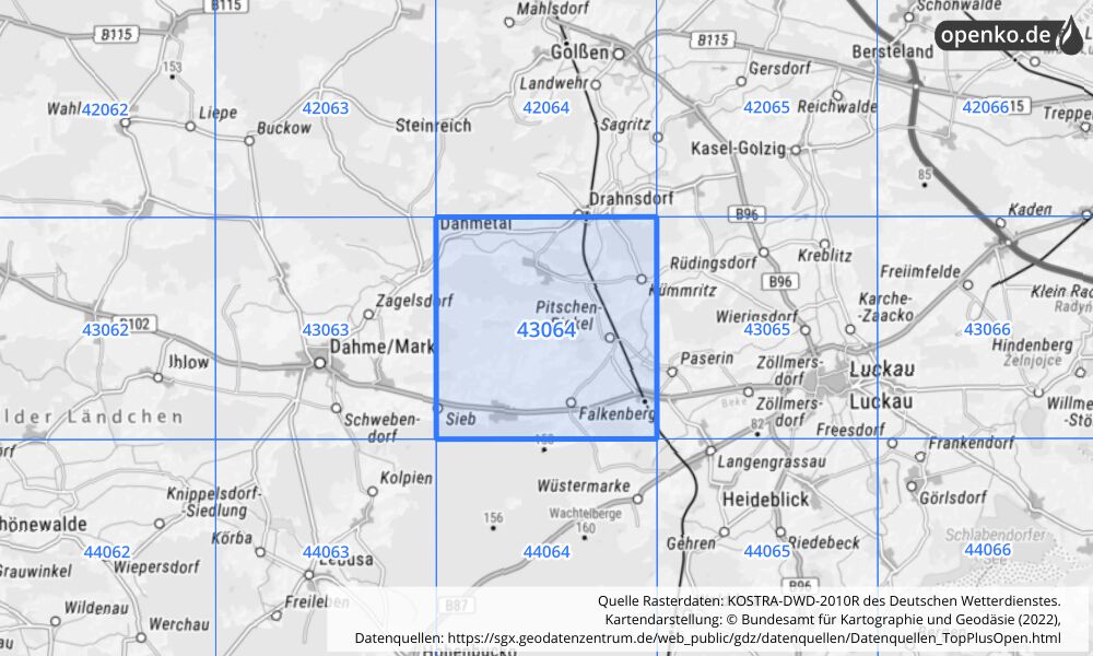 Übersichtskarte KOSTRA-DWD-2010R Rasterfeld Nr. 43064 mit angrenzenden Feldern