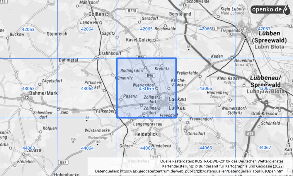 Übersichtskarte KOSTRA-DWD-2010R Rasterfeld Nr. 43065 mit angrenzenden Feldern