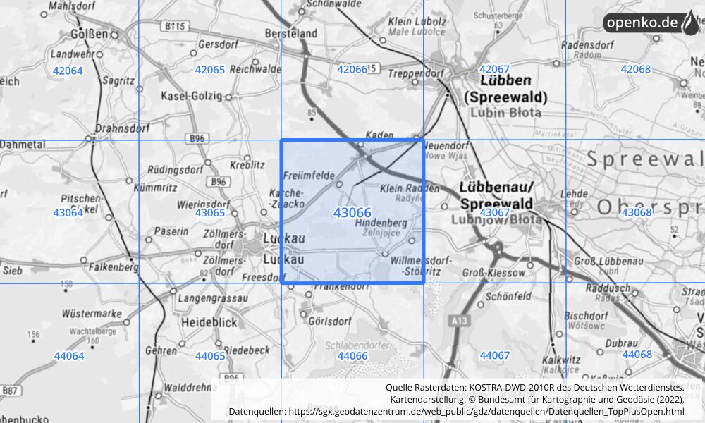 Übersichtskarte KOSTRA-DWD-2010R Rasterfeld Nr. 43066 mit angrenzenden Feldern