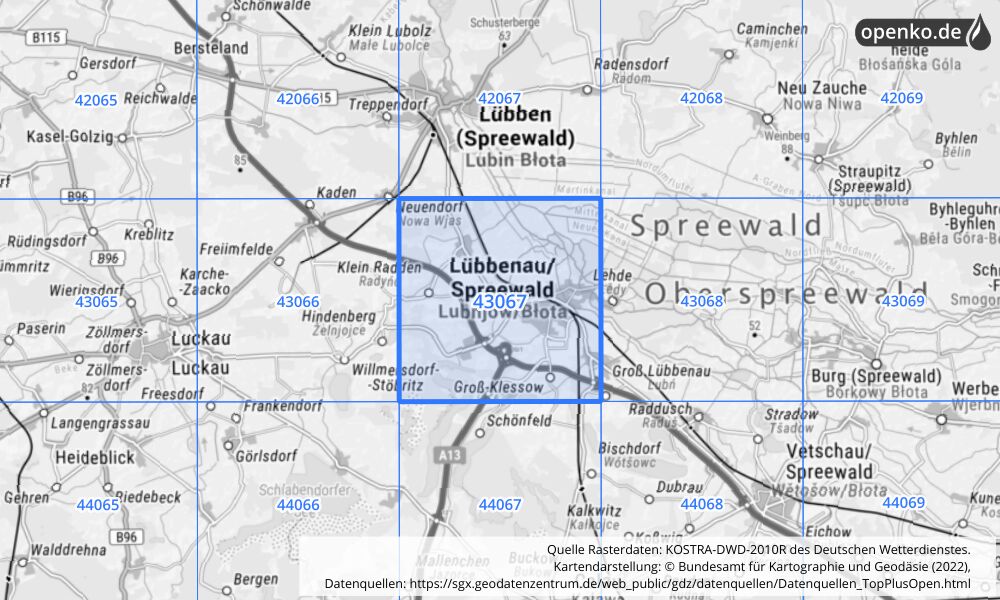 Übersichtskarte KOSTRA-DWD-2010R Rasterfeld Nr. 43067 mit angrenzenden Feldern