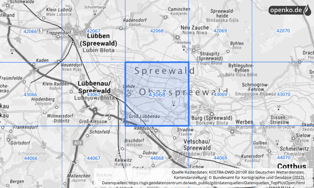 Übersichtskarte KOSTRA-DWD-2010R Rasterfeld Nr. 43068 mit angrenzenden Feldern