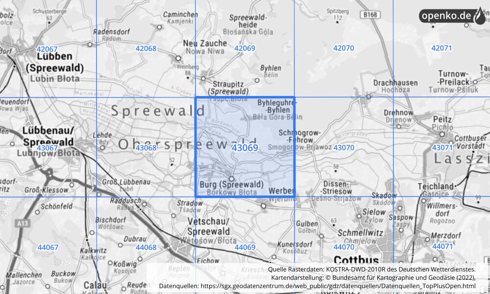 Übersichtskarte KOSTRA-DWD-2010R Rasterfeld Nr. 43069 mit angrenzenden Feldern