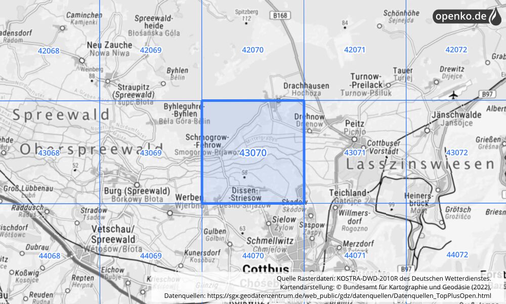 Übersichtskarte KOSTRA-DWD-2010R Rasterfeld Nr. 43070 mit angrenzenden Feldern