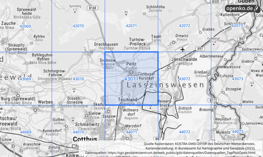 Übersichtskarte KOSTRA-DWD-2010R Rasterfeld Nr. 43071 mit angrenzenden Feldern