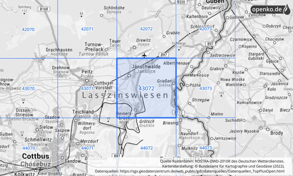 Übersichtskarte KOSTRA-DWD-2010R Rasterfeld Nr. 43072 mit angrenzenden Feldern